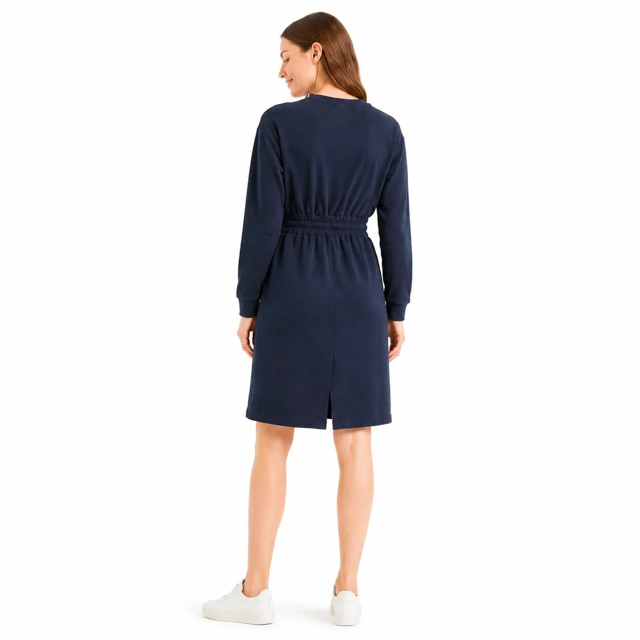 Long-Sleeve Sweatshirt Dress with Drawstring Waist in Navy