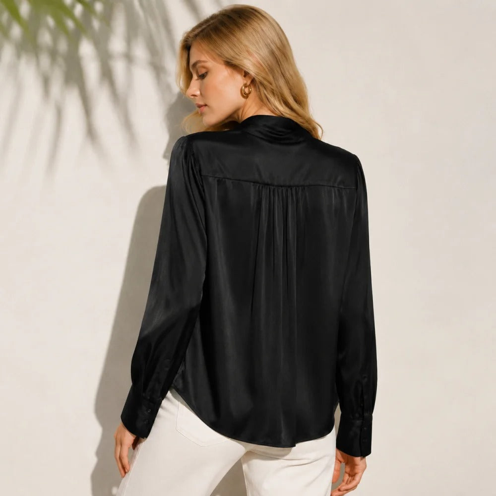 Satin Tie-Neck Blouse in Black