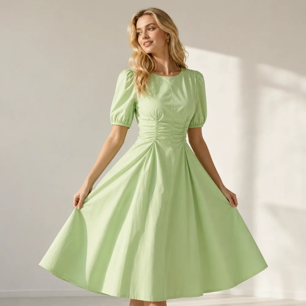 Puff-Sleeve Fit-and-Flare Midi Dress in Light Green