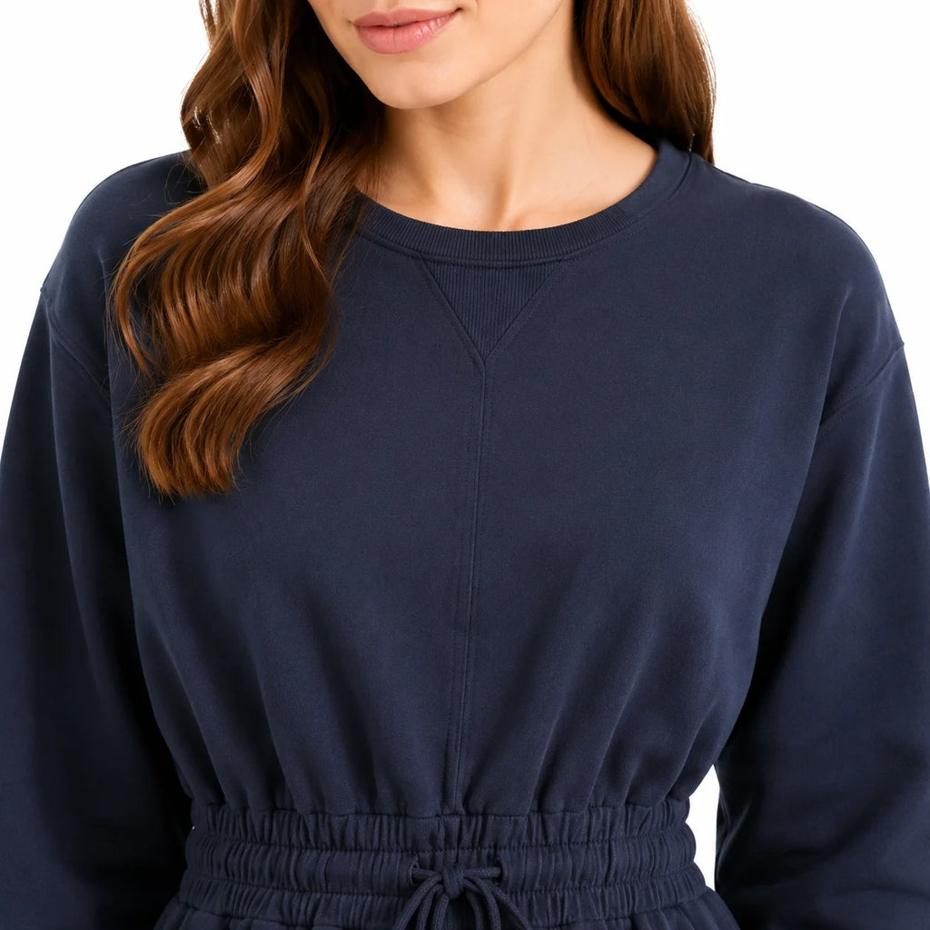 Long-Sleeve Sweatshirt Dress with Drawstring Waist in Navy