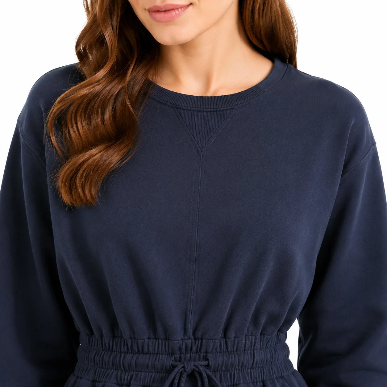Long-Sleeve Sweatshirt Dress with Drawstring Waist in Navy